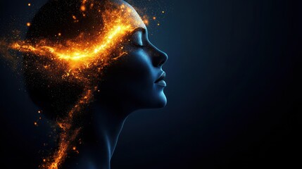 Abstract female profile, fiery energy radiating from head.