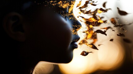 Silhouette of a young person's face, partially obscured by a burst of golden light and fragmented shapes, evoking a sense of transformation or release.