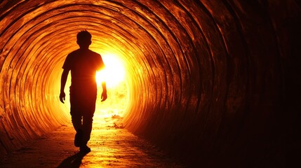 Silhouette of a person walking towards a bright light at the end of a tunnel.