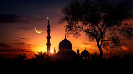 Silhouette of a mosque with a crescent moon against a vibrant sunset sky, framed by trees.
