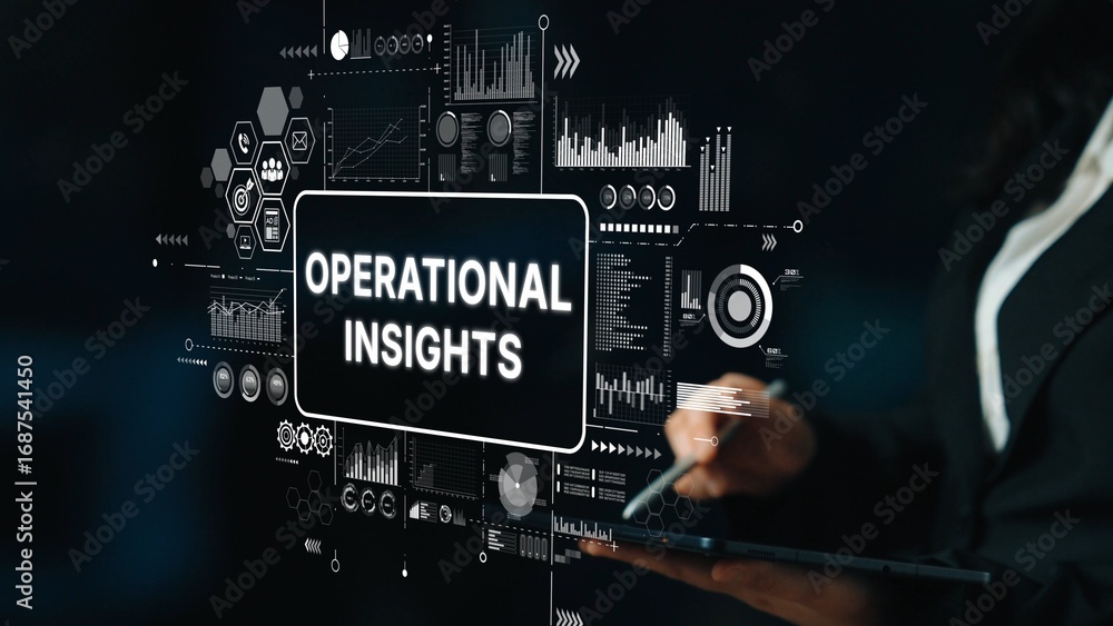 Poster business professional presenting operational insights data analysis in a modern digital workspace en