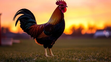Majestic rooster standing proudly at sunrise, vibrant plumage against a warm, blurred background.