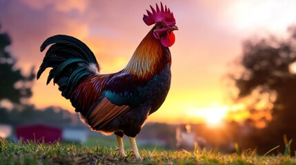 Majestic rooster standing proudly at sunrise, vibrant plumage displayed against a colorful dawn sky.