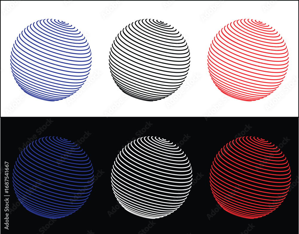 Poster a modern set of 6 abstract sphere icons with a dynamic striped pattern. perfect for futuristic and t