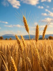 Naklejka premium Golden wheat field under a clear blue sky with distant mountains