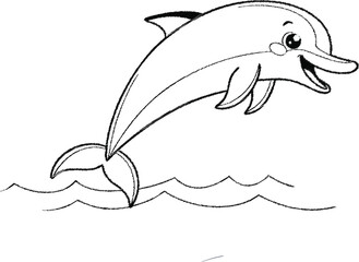 Black and white illustration of a jumping dolphin with a smiling expression above wavy water lines