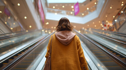 urban mall shopping with young woman going up escalator stylish fashion retail lifestyle advertising promotion concept and trendy consumer shopping experience