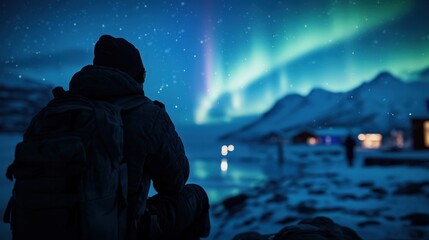 A person gazes at the vibrant aurora borealis over a snowy landscape.