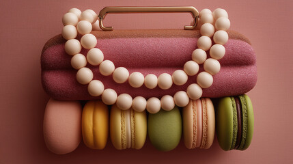 Food styled like fashion accessories (purse made of bread, necklace of macarons)