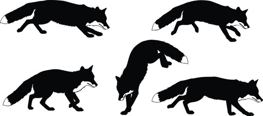Silhouette fox movement sequence, wild animal pounce, hunting leap, wildlife motion study, predator behavior, nature illustration, animal locomotion, vector art