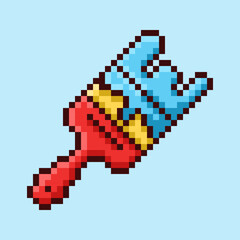 Fototapeta premium Paintbrush loaded with blue paint, designed in a vibrant retro pixel art style. This classic 8-bit illustration is a perfect symbol for art, creativity, and design, ideal for art-themed assets