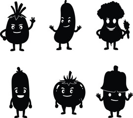 Obraz premium Cute cartoon vegetables characters, smiling onion, happy cucumber, broccoli holding carrot, tomato mascot, bell pepper waving, healthy food illustration, kids education design