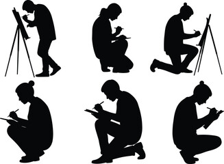 Silhouette artists drawing and writing in various postures, creative people sketching, ergonomic positions, art activity, illustration, design, education concept