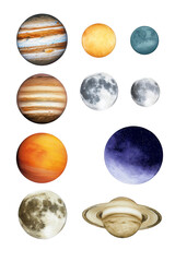 Collection of planets and moons from our solar system, including jupiter, saturn, mars, and earths moon, isolated on a transparent background