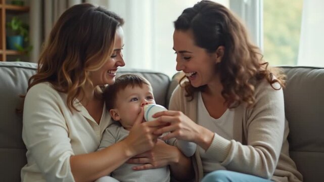 Footage of handheld shot, Two young women help each other bottle feed their little son on the sofa in the living room, enjoying a fun time together. Multi-generational family.