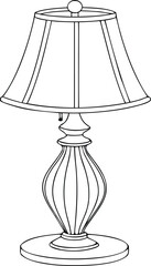 Black and white line art illustration of a table lamp with a lampshade base and round stand on a white background