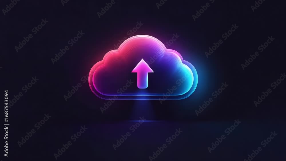 Aufkleber neon cloud computing upload symbol glowing on dark background