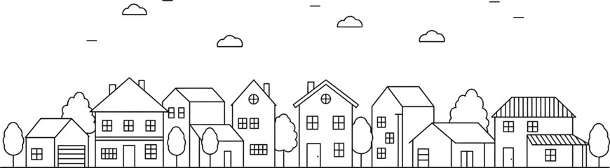 a quaint village scene with houses trees and fluffy clouds