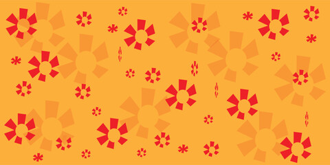 Orange background with repeating red and orange stylized flower shapes in a flat graphic design