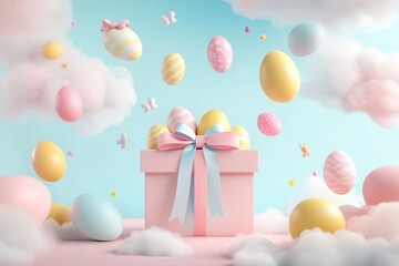 Colorful Easter box overflowing with pastel eggs in a cheerful sky-blue background