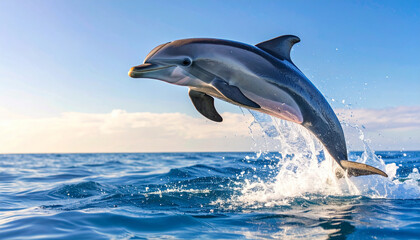 Naklejka premium Bottlenose dolphin leaping out of the water with splashing in bright sunlight