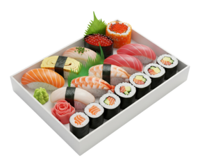Assorted sushi platter with salmon tuna shrimp and california rolls japanese cuisine on transparent background