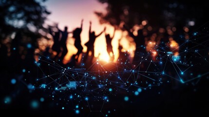 Silhouetted figures jump with raised arms against a sunset, overlaid with a blue network of connected dots.