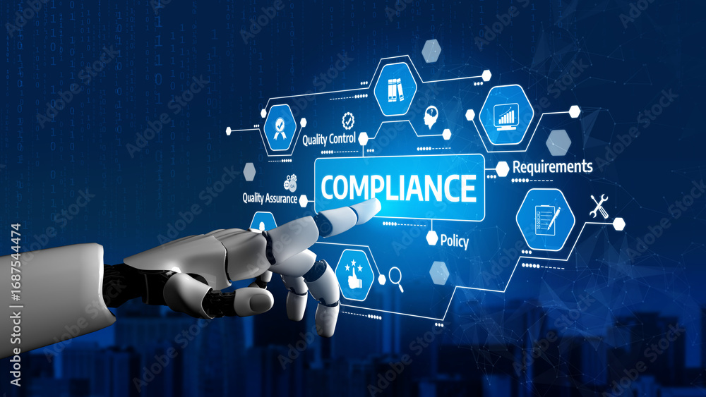 Poster A robot hand points at a digital interface showcasing compliance concepts essential for business and technology in today regulated environment. Tessel