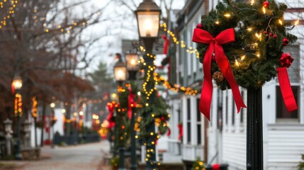Decorated Christmas Street Lamp Posts with Red Ribbons and Wreaths During Holiday Season