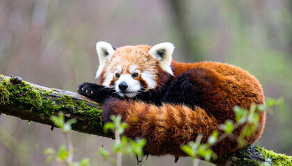 Red panda resting peacefully on a mossy branch in a lush forest