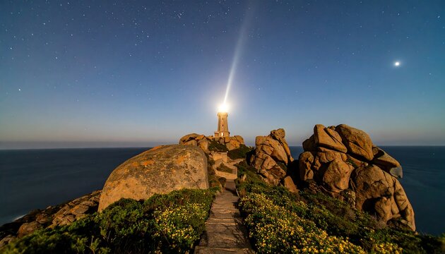 Lighthouse at night, illuminated by moonlight. Rocky coastal path