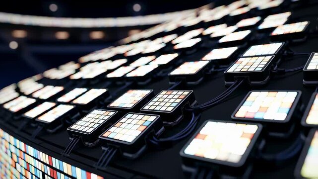 Detailed closeup of vibrant pixel modules snapping into place on a curved arena scoreboard ribbon panel.