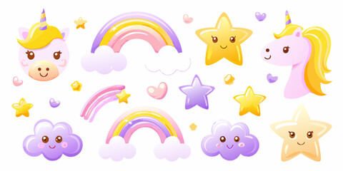 Cute unicorn rainbow star and cloud collection for kids
