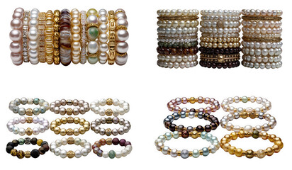 Collection of pearl and gemstone bracelets isolated on transparent background