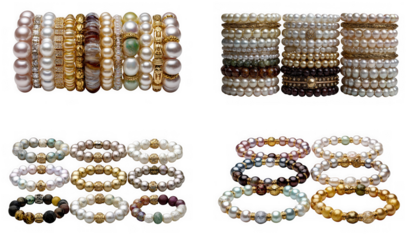 Collection of pearl and gemstone bracelets isolated on transparent background