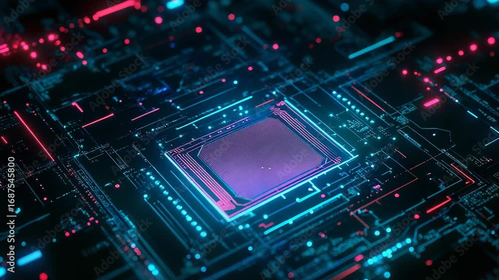 Poster cpu is glowing and processing data on motherboard with futuristic pcb tracks