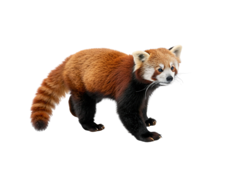 Captivating Red Panda with striking reddish-brown fur and a long bushy tail, a charming small arboreal mammal standing gracefully against a clean white background