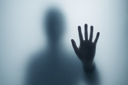 Blurry silhouette of a person with an outstretched hand against frosted glass, in moody lighting on a neutral background, concept of mystery or fear