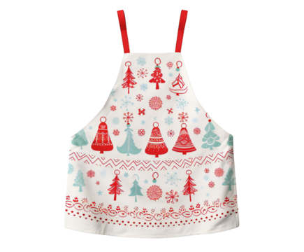 Festive christmas apron with red and blue tree pattern, isolated on transparent background