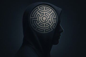 Silhouette of hooded person with circular maze pattern on head, moody lighting, dark background. Concept of psychology, mind, or confusion