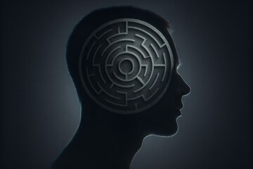 Silhouette of a human head with a maze inside the brain area, dark background, symbolizing mental complexity, psychology, inner thoughts