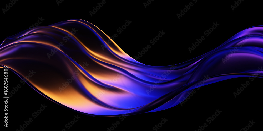 Poster glass wavy shape with colorful dispersion effect. 3d render isolated on black.