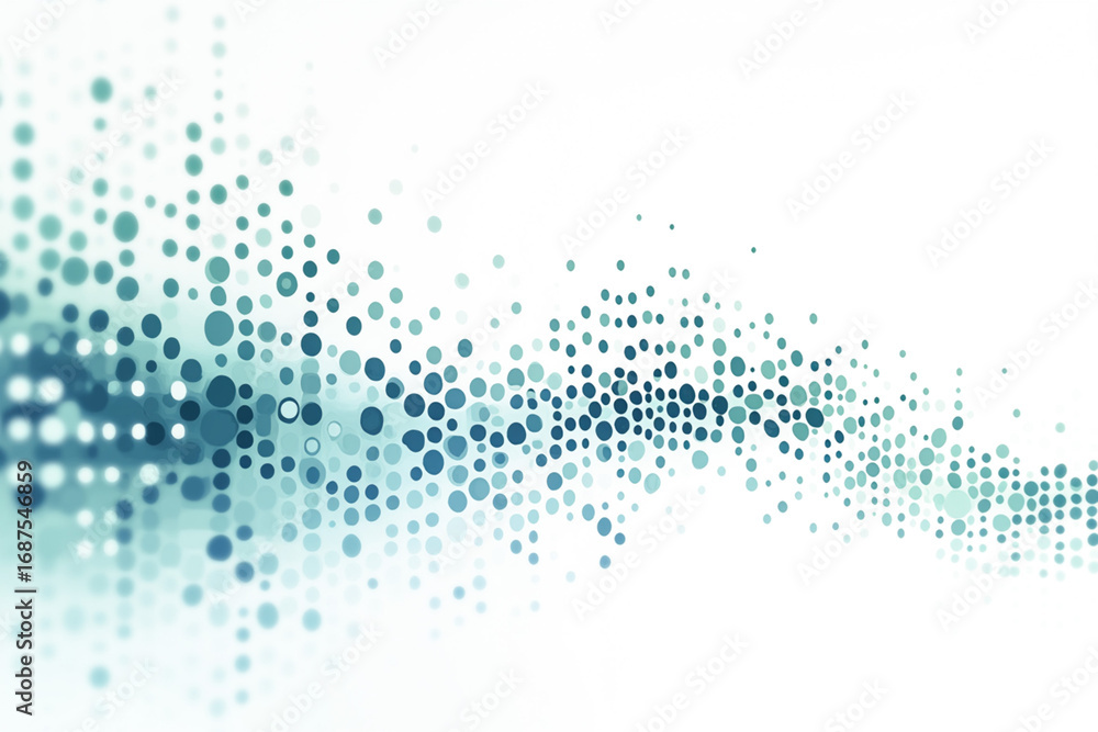 Poster abstract digital illustration featuring a wave of blue and teal dots flowing across a white backgrou
