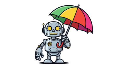 Friendly Robot Holding Colorful Umbrella.