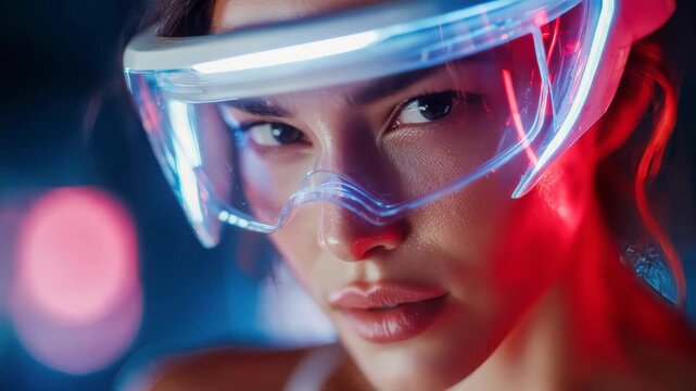 Close-up portrait of a woman wearing glowing futuristic VR visor glasses in neon light