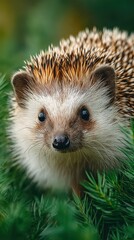 Fototapeta premium Hedgehog forages in a lush green garden surrounded by foliage during the golden hour of sunset