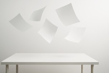 Several blank sheets of paper flying above a white table, realistic style, with a plain white background, symbolizing chaos or freedom