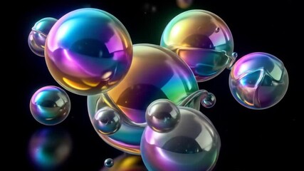 Abstract animated rendering of floating iridescent spheres and bubbles on a black backdrop - Powered by Adobe