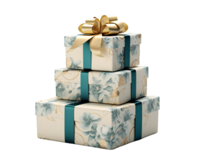 Stack of three beautifully wrapped gift boxes with floral pattern and gold ribbon, isolated on transparent background