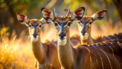 Fototapeta premium Nyala antelopes standing together in golden light during african sunrise